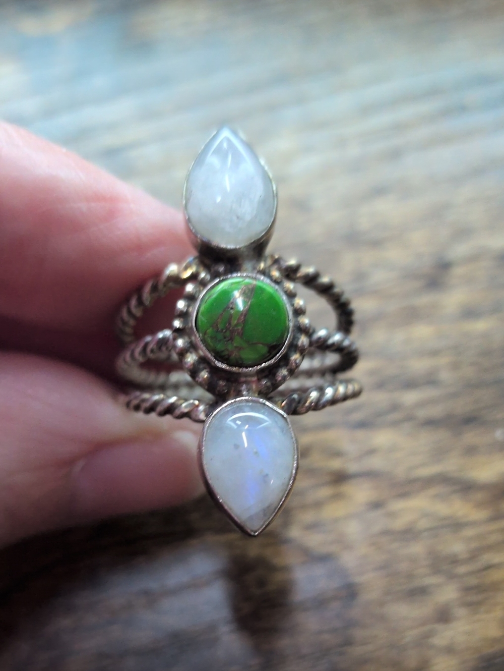 Sterling Silver Green Turquoise & Moonstone Triple-Stack Ring